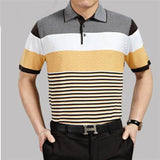 Riolio  Summer Middle-aged Elderly Men's Trend Lapel Button Printed Geometric Striped Pullover Casual Loose Short Sleeved T-shirts Tops