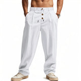 Riolio  Men's High Waist Linen Wide Leg Pants with Button Detail Elastic Drawstring Casual Trousers for Men