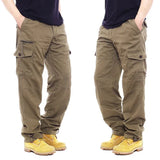 Riolio  Men Multi Pocket Cargo Pants Drawstring Cuff Straight Leg Workwear Trousers Washed Casual Pants