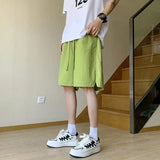 Riolio  Summer Men's Clothing Solid Color Pockets Elastic High Waisted Knee Pants Wide Leg England Style Loose Drawstring Shorts