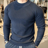 Riolio New American Style Men Basic Sweater Fashion Fitness Knit Solid Color Long Sleeve Pullover Casual O Neck Retro Splicing Knitwear
