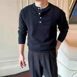 Riolio  Autumn Men Knitted Henry Sweaters Long Sleeve Solid Color Button-down Luxury Pullovers Korean Style Premium Basic Knitwear M-3XL