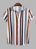 Riolio Men's Shirt Vertical Mixed Stripes Button-Up Men's Clothing Casual Silky Blouse Top Short Sleeved Shirts for Men