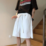 Riolio  Summer Men's Clothing Solid Color Pockets Elastic High Waisted Knee Pants Wide Leg England Style Loose Drawstring Shorts
