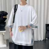 Riolio Japanese street fashion men Summer Men's T-shirts  Korean Style Loose Fake Two-piece Mid Length Plus Size Three Quarter Sleeves Streetwear Outdoor Top