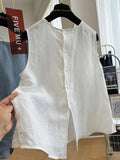 Riolio Cotton and Linen Round Neck Summer Thin Loose Literary Versatile Shirt Sleeveless Top Small Vest