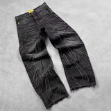 Riolio  Y2k Hip Hop Baggy Jeans Men's Street Fashion Raw Edge Embroidered Jeans Street Gothic Retro High Waisted Wide Leg Trousers