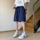 Riolio  Summer Men's Clothing Solid Color Pockets Elastic High Waisted Knee Pants Wide Leg England Style Loose Drawstring Shorts