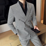 Riolio  British Style Men's Plaid Suit Double Breasted Two Piece Set Fashionable City Casual Slim Fit Regular Thickness Autumn Wear