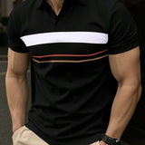 Riolio  Men's Color Block Short Sleeve Polo Shirt Casual Contrast Color Turn Down Collar Tops