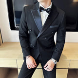 Riolio  Men's Wedding Suit Tuxedo Double Breasted Three Piece Set Fashionable Korean Style Shawl Collar Cotton Blend Fabric