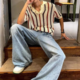 Riolio  Summer Casual Mens Knit Polo Shirts Trendy Hollow Out Striped Knitted Polos For Men Fashion Short Sleeve Lapel Pullovers
