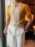 Riolio  Summer Casual Slim Short Sleeve Polos Mens Shirt Fashion Knitted Striped Patchwork Shirts Men Turndown Collar Buttoned Tops