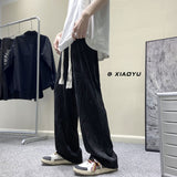 Riolio Men's Fashion Straight Pleated Pants Elastic Waist Casual Pants Men's Street Loose Ice Silk Wide Leg Pants White Black M-5XL