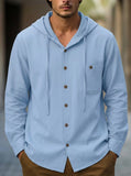 Riolio  Men's Casual Button Down Hooded Shirt Long Sleeve Cotton Blend Drawstring Top with Pocket