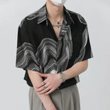 Riolio  New Korean Fashion Design Irregular Shirt Men Texture Pattern Loose Short Sleeve Summer Silky Drape Non-ironing Lapel Shirt