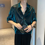 Riolio Men Shiny Design Casual Shirt Trendy Handsome Shirts Fashion Loose Half Sleeve Tops Korean Style Personality Clothing