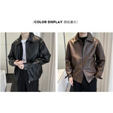 Riolio  New Autumn Men's Casual Textured PU Leather Jacket High Street Zip-up Turn-down Collar Solid Color Long Sleeve Retro Coats M-3XL