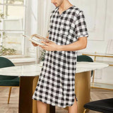 Riolio Cotton Plaid Sleep Robe Men Pajamas Short Sleeve V-neck Casual Homewear One-piece Comfortable Home Loose Bathrobe