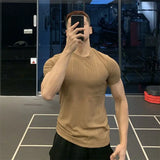 Riolio  Ice Silk High Elastic Quick-drying Sports Short-sleeved Solid Color Fitness Clothes Men's Tight Round Neck T-shirt