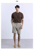 Riolio New Fashion American Style Men T-shirt Luxury Striped Knitted Henry Collar Tees Casual Solid Color Short Sleeve Breathable Tops