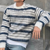 Riolio  Men's Luxury Knitted Mohair Stripe Sweater Chic Long Sleeve Solid Color O Neck Pullover Autumn Korean Trendy Male Clothing M-2XL
