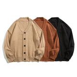 Riolio Autumn Winter Men Casual V-Neck Cardigan Sweaters Solid Color Long Sleeve Outerwear Single-breasted Male Loose Knitted Coats