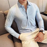 Riolio Plus Size 4XL-M High Elasticity Traceless Spandex Shirts New Men Striped Slim Fit Non-ironing Business Long Sleeve Shirt
