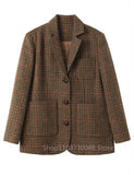 Riolio (Only Coat) Men's Suit Brown Plaid Woolen Blazer Prom Party Tuxedos Coat Single Breasted Three Buttons Bussiness/Wedding Jacket