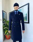 Riolio  Navy Blue Men's Suit One Piece Long Coat Double Breasted Peaked Lapel Business Overcoat SlimWedding Groom Tailored Costume Homme