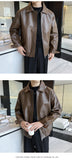 Riolio  New Autumn Men's Casual Textured PU Leather Jacket High Street Zip-up Turn-down Collar Solid Color Long Sleeve Retro Coats M-3XL