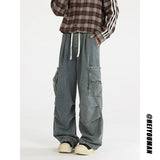 Riolio Loose straight Jeans Men Denim Cargo Pants Wash Solid Color Multi Pockets Casual Mid Waist Trousers Unisex Daily Wear Joggers