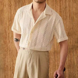 Riolio  Mens Shirt Mesh Hollow Shirt Streetwear Nightclub Sexy Fashion Niche Plain Short-Sleeve Tops Old Money Men'S Clothing New
