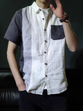Riolio  Loose Summer Thin Spliced contrasting Color Short-sleeved Linen Shirt Retro Casual Cardigan