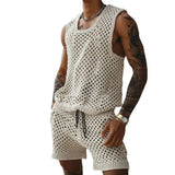 Riolio 2024 Men's Summer Casual Knit Two-piece Sets Fashion Solid Loose Tank Tops and Shorts Beach Sport Suit Men Hollow Out Streetwear