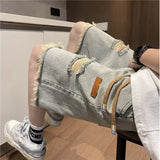 Riolio  Mens Distressed Denim Shorts Elastic Waist Drawstring Frayed Hem High Street Trendy Casual Fashion Street Style Urban Hip Hop