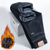 Riolio  Winter Fleece Warm Men's Jeans Straight Stretch Classic Business Casual Thicken Denim Trousers Washed Fashion Velvet Male Pants