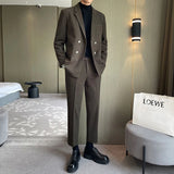 Riolio  Thickened Woolen Men's Casual Suit Two-Piece Set Loose Fit Double Breasted Autumn Winter Fashion City Style Side Slit Opening
