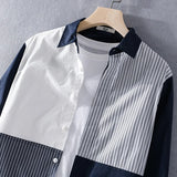 Riolio Men Clothing Men's Long-sleeved Shirt New Trendy Color Matching Cotton Shirt Casual Fashion Youth Striped Lapel Top