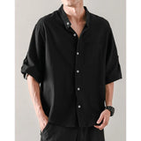 Riolio  New Summer Men Vintage Clothes Stand Collar Solid Casual Cotton Linen Shirts Male Short Sleeve Loose Tops Camisas De Hombre