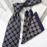 Riolio  2PCS Neck Tie Set Casual Floral Printed Neckties Oversized 9cm Luxury Striped Silky Neck Ties For Men Pocket Square Groom Hanky