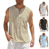 Riolio  Cotton Linen Shirts For Men Casual Solid Color Vest Lace Up Sleeveless Shirts V-Neck Tank Tops Baggy Shirt Male Lightweight Tees