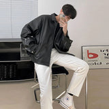 Riolio New Men's Casual Textured PU Leather Jacket Fashion Zipper Turn-down Collar Long Sleeve Coats High Quality  Korean Style Outfits