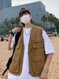 Riolio Casual ex Vest Multi-ket Workwear Sle Svel V-Ne Summer Faion Trend Youth Leisure Vintage Japanese Sle