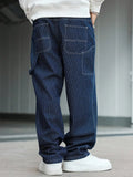 Riolio  Men's street fashion casual vertical stripe multi-pocket cargo blue jeans, with an overall design that balances between refined