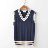 Riolio  Striped White Knitted Sweaters for Men Blue Sleeveless Man Clothes V Neck Vest Red Waistcoat Jumpers Sweat-shirt Cigaret Cotton