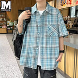 Riolio Checkered shirt men's summer casual loose jacket American trend thin style couple daily versatile retro plaid short sleeve shirt