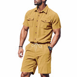 Riolio  Men's Summer Suit Amazon Corduroy Solid Pocket Shirt Short Sleeve Shorts Suit