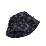 Riolio  Man Vintage Denim Bucket Hat with Star Embroidery Wide Brim Sun Casual Summer Cap for Women Machine Washable