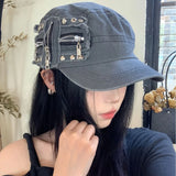 Riolio  Vintage Flat-Top Zipper Beret Hat for Women Men Women Outdoor Leisure Activities Street  Rivet Baseball Cap Summer Sunshade